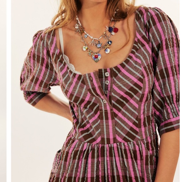 NEW Free People Tulie Plaid Midi Button Front Puff Sleeve Dress Pink Brown Combo - Picture 2 of 10